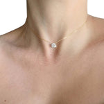 14K solid yellow gold lab-grown diamond pendant necklace on a delicate 1mm chain, worn on the neckline with subtle sparkle and luxury everyday styling.