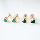 18K Solid Yellow Gold Micro Heart Natural Stones Stud Earrings