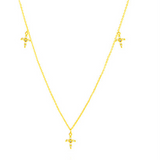 14K Solid Yellow Gold Stones Dangling Crosses Necklace