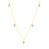 14K Solid Yellow Gold Stones Dangling Crosses Necklace