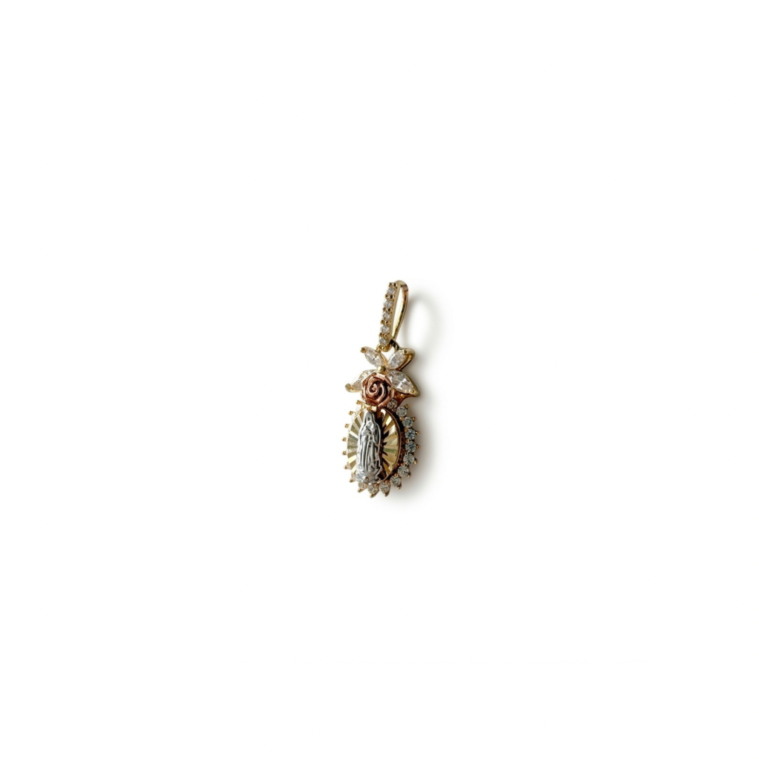 Close-up of a 14K solid tri-tone gold Miraculous Medal pendant with clear cubic zirconias and a delicate rose flower detail on a clean white background.