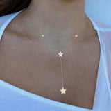 14K Solid Yellow Gold Stars Lariat Necklace with Natural Diamonds