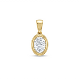 Small 14K solid yellow gold vertical oval lab-grown diamond pendant with double bezel setting on a clean white background.