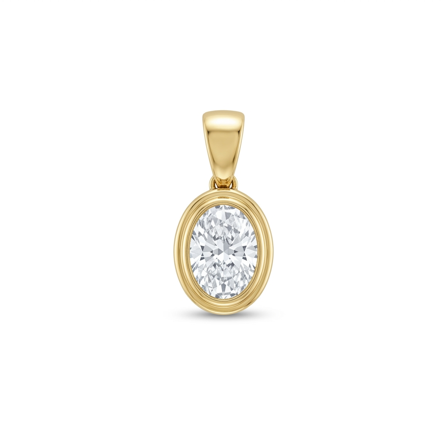 Small 14K solid yellow gold vertical oval lab-grown diamond pendant with double bezel setting on a clean white background.