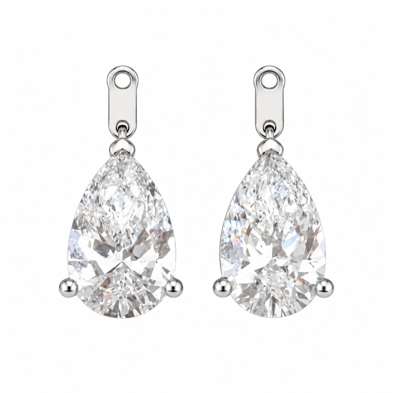 Pair of certified pear-cut lab-grown diamond earring charms totaling 4.15 carats, featuring three-prong settings in solid 14K white gold with small attachment loops.