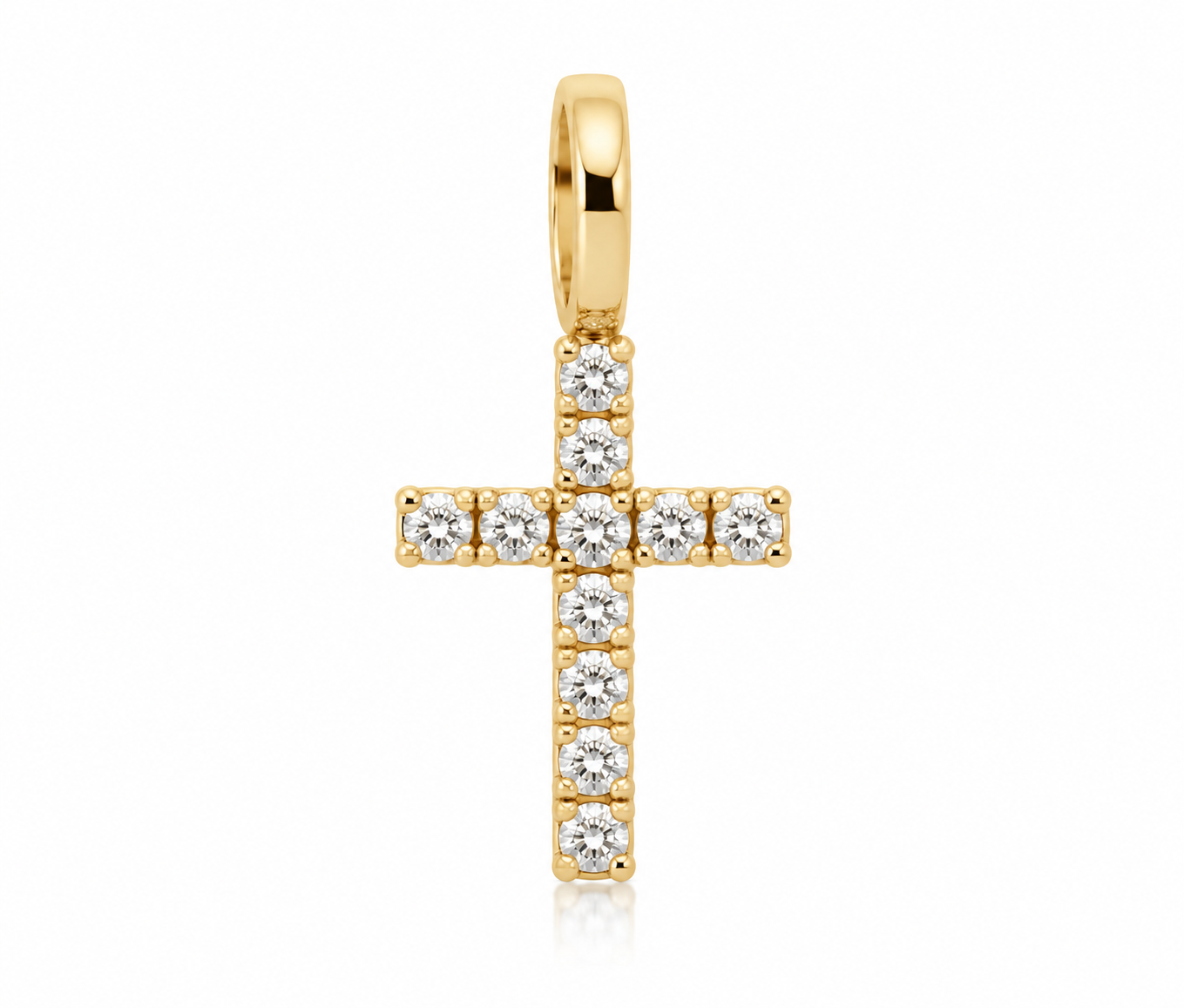 10K solid yellow gold cross charm pendant with sparkling diamonds, polished gold bail and delicate religious jewelry design.