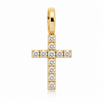 10K solid yellow gold cross charm pendant with sparkling diamonds, polished gold bail and delicate religious jewelry design.
