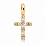 10K solid yellow gold cross charm pendant with sparkling diamonds, polished gold bail and delicate religious jewelry design.