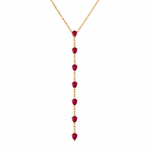 14K solid yellow gold lariat necklace featuring seven natural pear-shaped rubies on a delicate square Italian Cuban link chain.