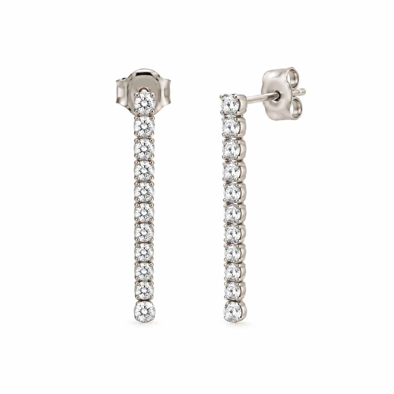 Lab-grown diamond tennis drop earrings with vertical rows of round brilliant-cut diamonds, F–G color, VS clarity and butterfly back closures.