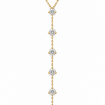 14K solid yellow gold natural diamond lariat necklace featuring seven round diamonds totaling 1.25 carats in three-prong settings with an adjustable box chain.