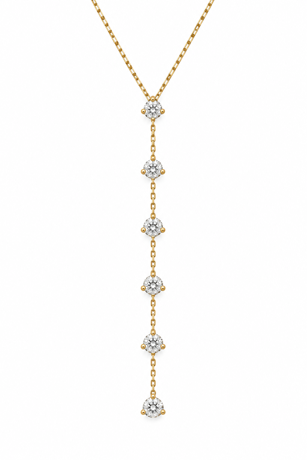 14K solid yellow gold natural diamond lariat necklace featuring seven round diamonds totaling 1.25 carats in three-prong settings with an adjustable box chain.