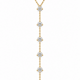 14K solid yellow gold natural diamond lariat necklace featuring seven round diamonds totaling 1.25 carats in three-prong settings with an adjustable box chain.