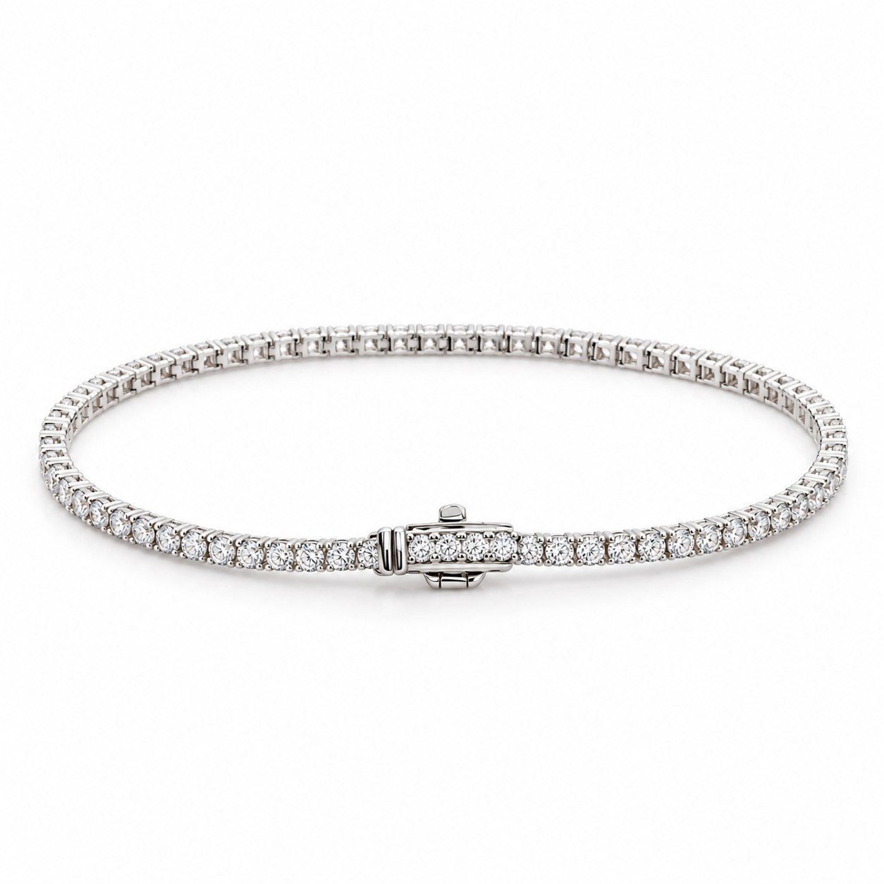 14K solid white gold tennis bracelet featuring 1.35 carats of natural diamonds, 1.8mm width, 7-inch length, and a secure diamond-accented clasp. Classic fine jewelry by Laraquel Jewelry.