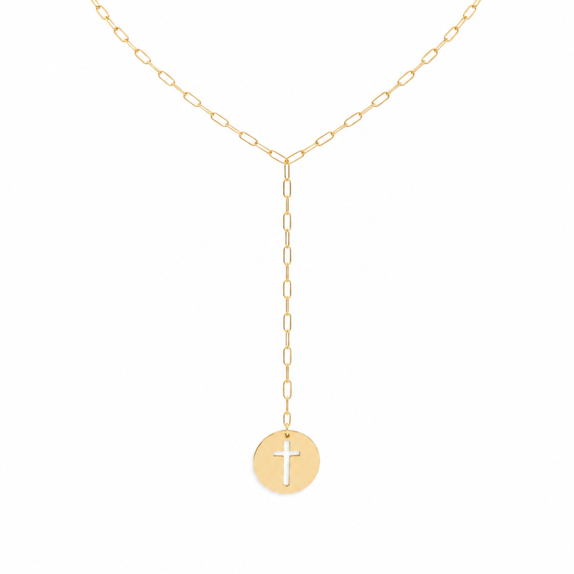 14K solid gold paperclip lariat cross necklace with round cross pendant.
