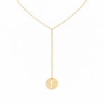 14K solid gold paperclip lariat cross necklace with round cross pendant.