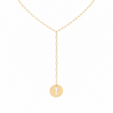 14K solid gold paperclip lariat cross necklace with round cross pendant.