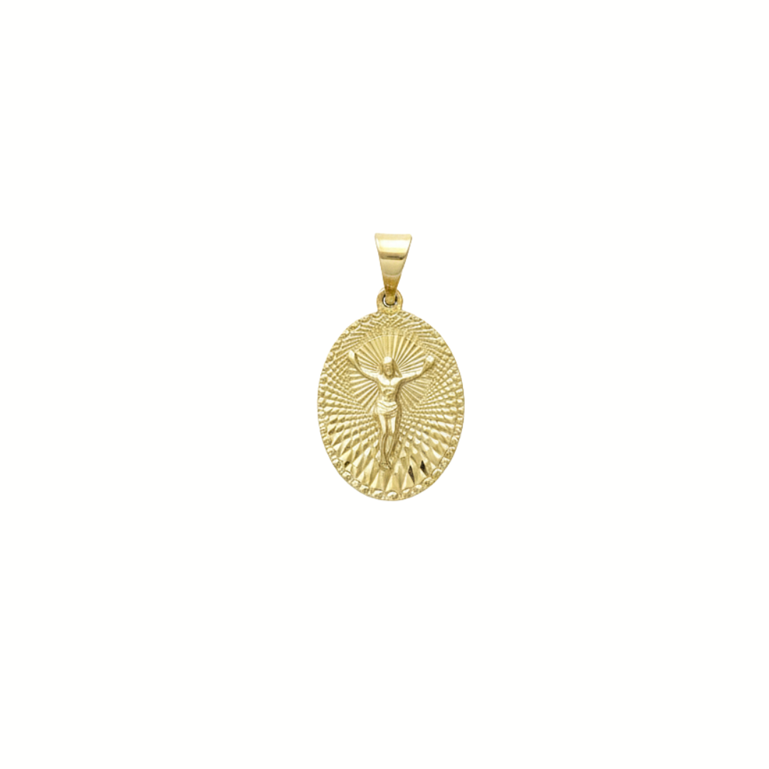 14K solid yellow gold diamond-cut Jesus medallion pendant with radiant textured finish, 18mm