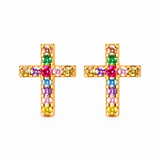 14K Solid Gold Micro CZ Rainbow Cross Stud Earrings