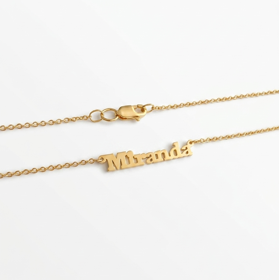 925 Gold Plated personalized name necklace micro block 3mm with delicate cable chain and lobster clasp on a clean white background