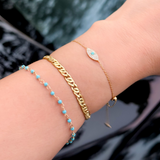 18K Solid Yellow Gold Pave Diamond and Turquoise Open Evil Eye Bracelet