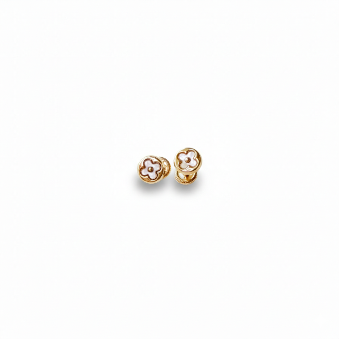 14K yellow gold clover stud earrings with mother of pearl inlay, photographed on white background