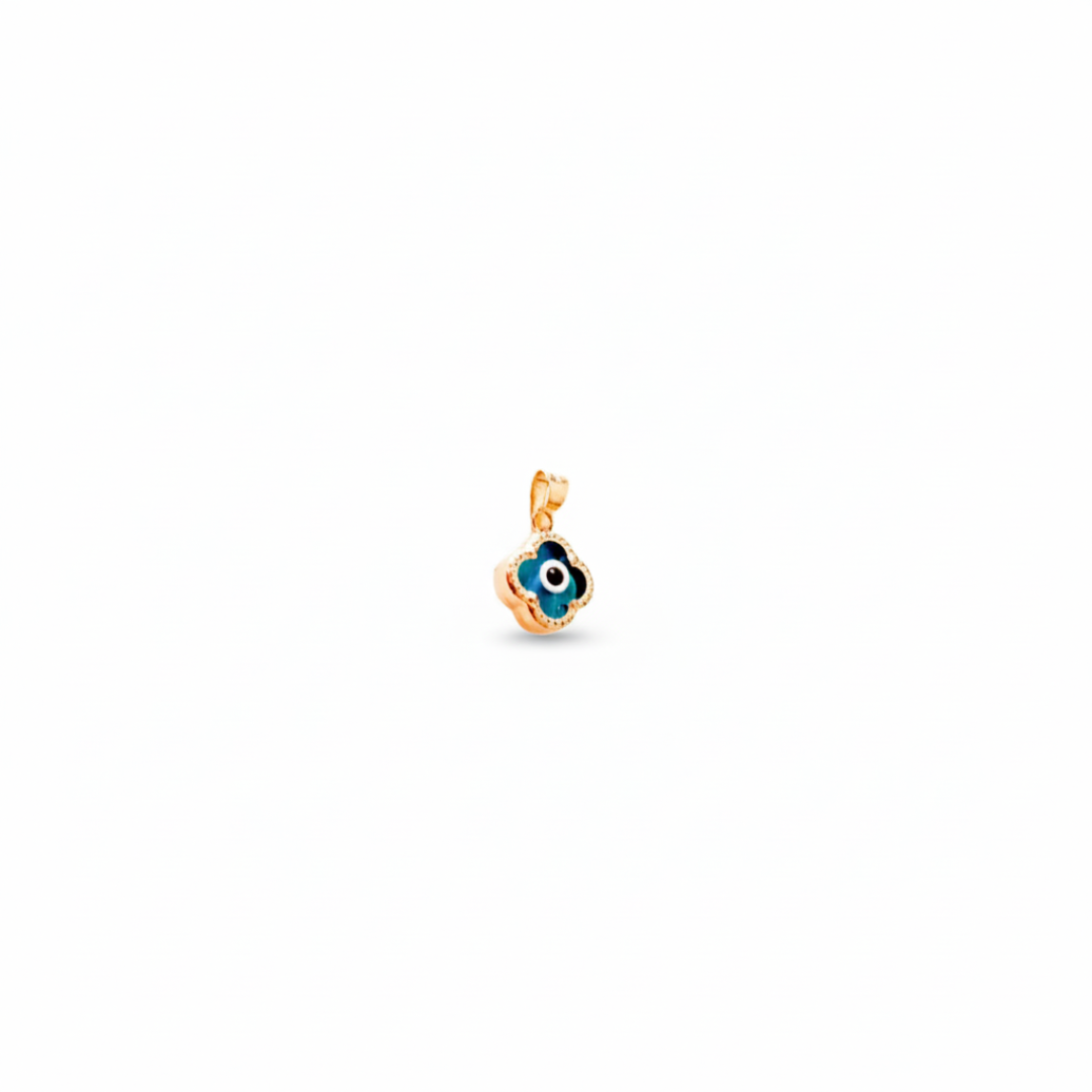 14K yellow gold clover charm with blue evil eye center, photographed on white background