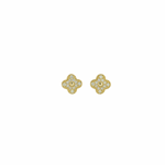 14K yellow gold clover stud earrings with natural diamonds, detailed close-up on white background

