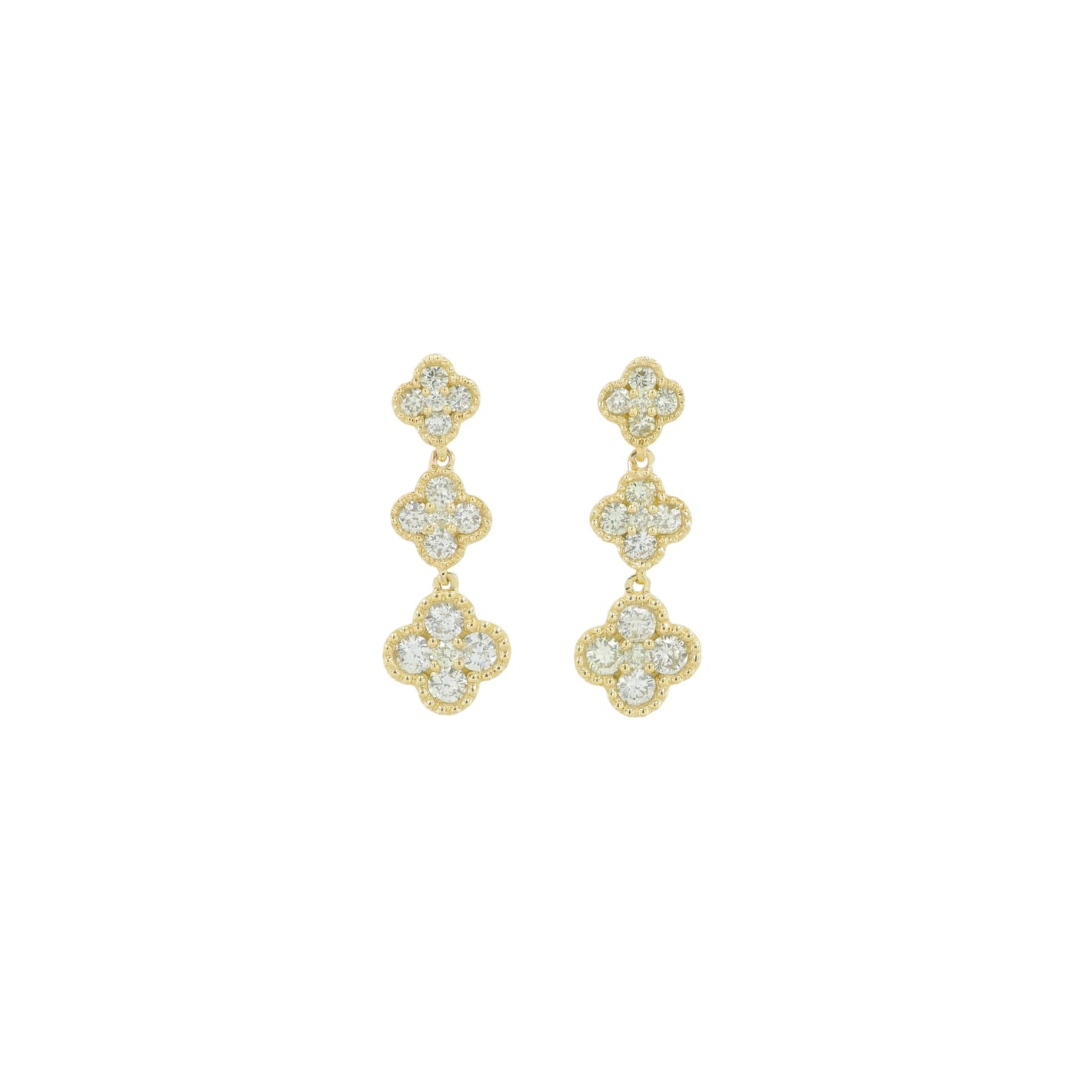 14K yellow gold diamond clover lariat earrings with three clover drops, photographed on white background