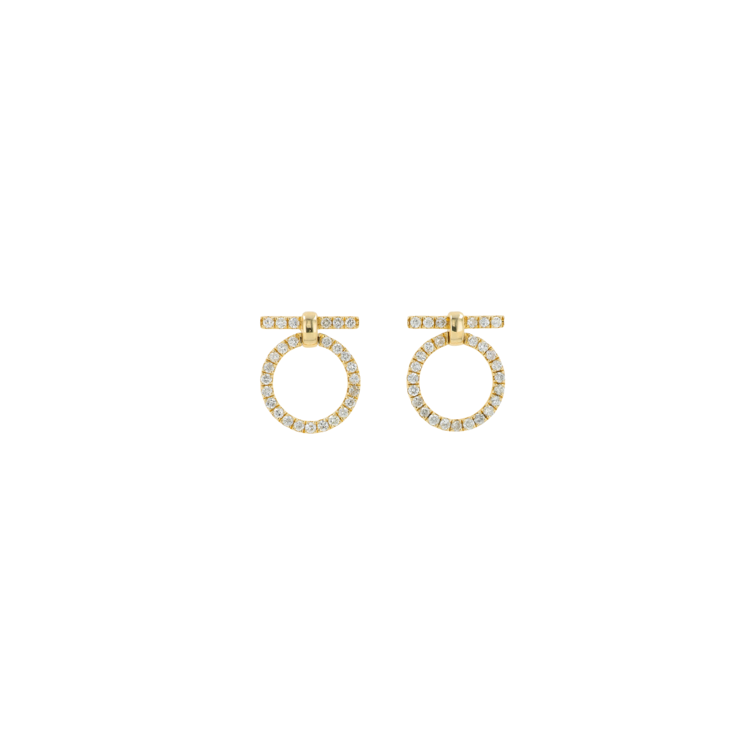 14K solid yellow gold diamond circle drop stud earrings with .75 carats of natural diamonds, 15.16mm diameter, featuring pushback silicone backs