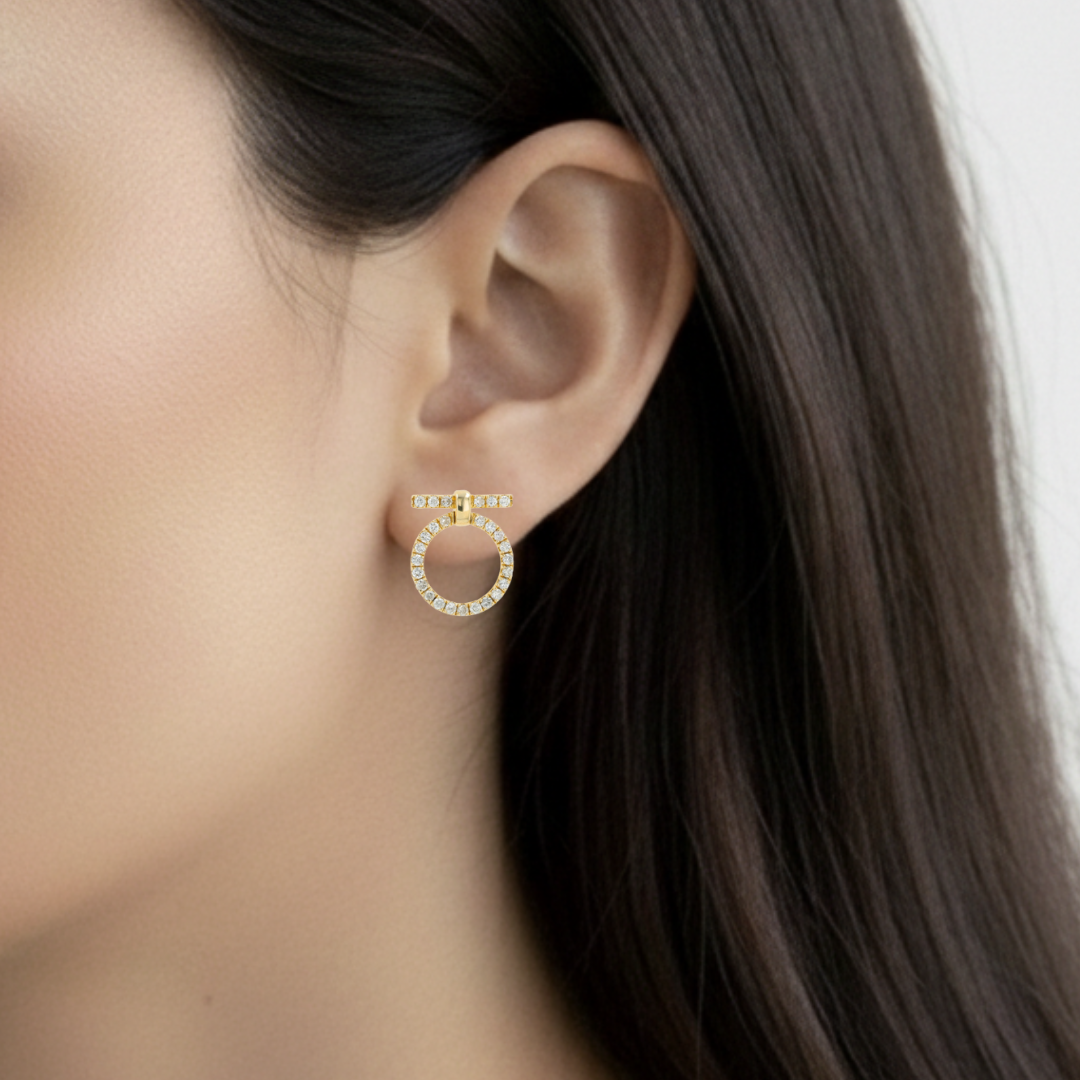 14K solid yellow gold diamond circle drop stud earrings with .75 carats of natural diamonds, 15.16mm diameter, featuring pushback silicone backs