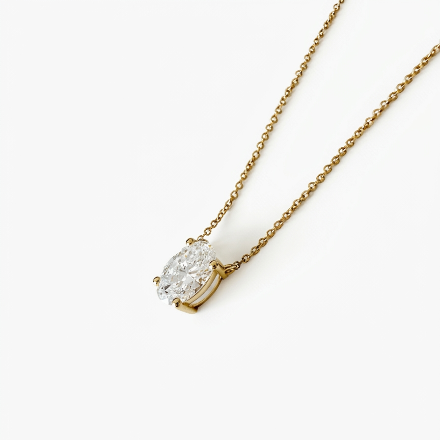 oval lab grown diamond pendant 1.09ct D VS1 in 14K yellow gold prong setting side view detail