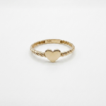 14K solid yellow gold heart ring with twisted rope band and polished heart center, engravable gold heart ring