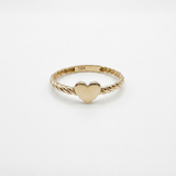 14K solid yellow gold heart ring with twisted rope band and polished heart center, engravable gold heart ring