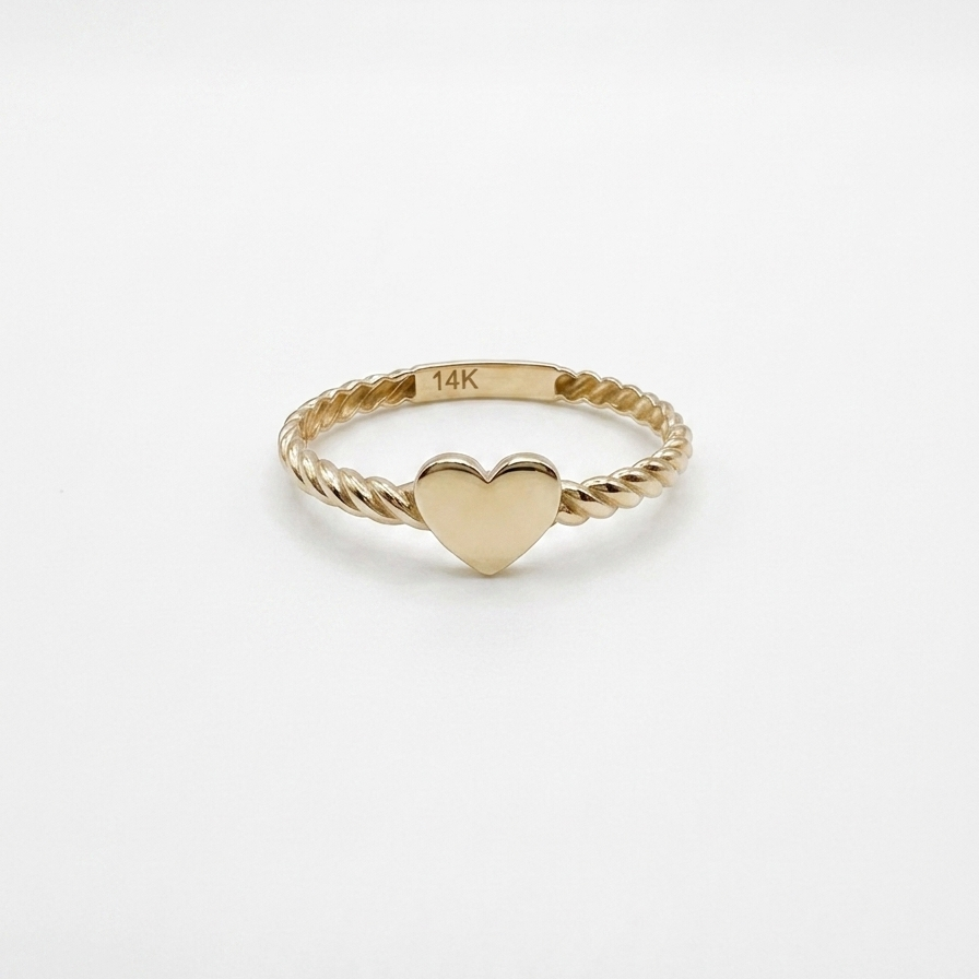 14K solid yellow gold heart ring with twisted rope band and polished heart center, engravable gold heart ring