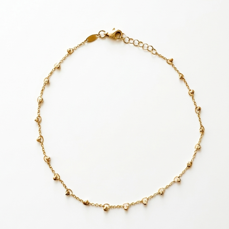 14K solid yellow gold diamond cut bead anklet with 22 beads 2.6mm, adjustable 9 to 10 inches lobster clasp