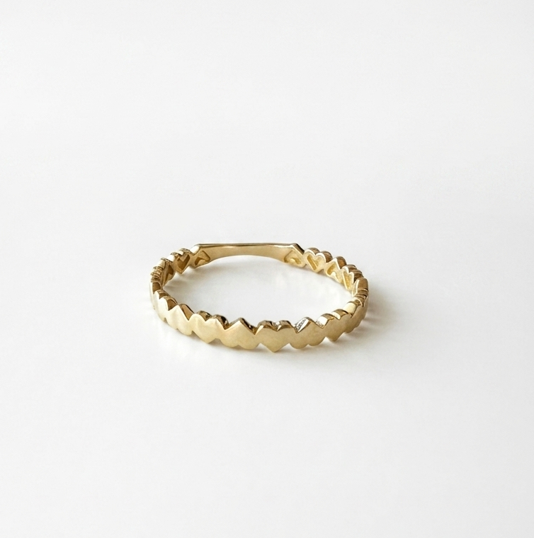 14K solid yellow gold ring with continuous small heart design, delicate minimalist gold heart band