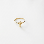 14K solid yellow gold minimalist cross ring with polished ball design, delicate gold band with small sphere cross detail