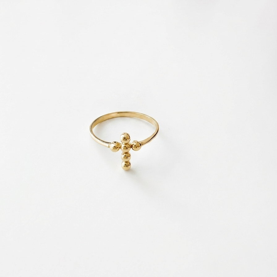 14K solid yellow gold minimalist cross ring with polished ball design, delicate gold band with small sphere cross detail