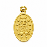 Back view of a 14K solid yellow gold Miraculous Medal pendant featuring the traditional Marian symbols: the “M” intertwined with a cross, two hearts below, and twelve stars surrounding the design, shown on a white background.