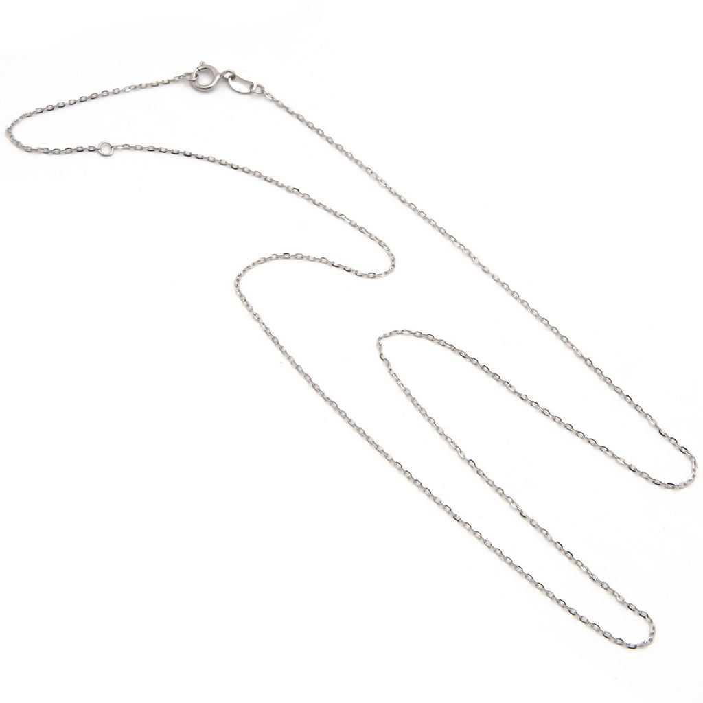 14K solid white gold diamond-cut rolo adjustable chain necklace with spring ring clasp on a white background.