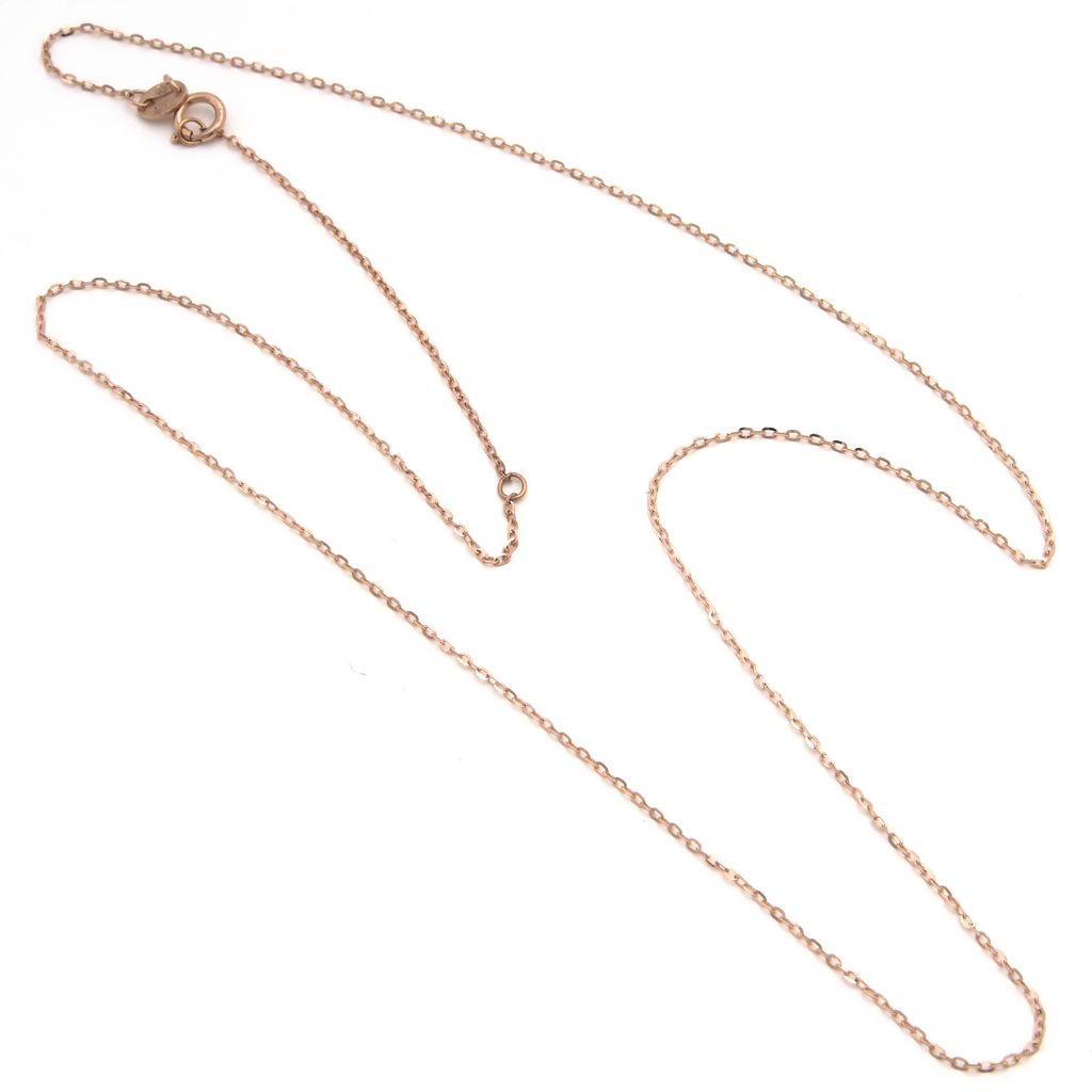 14K solid rose gold diamond-cut rolo adjustable chain necklace arranged on a clean white background.