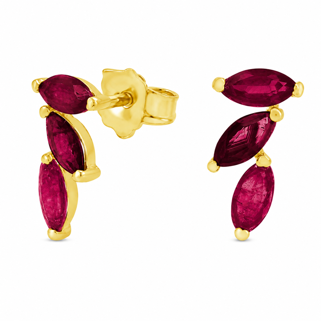 14K yellow gold stud earrings with three genuine marquise-cut ruby gemstones in a curved cluster design on a white background.