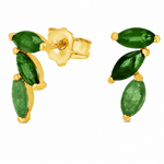 14K yellow gold stud earrings with three genuine marquise-cut emerald gemstones in a curved cluster design on a white background.