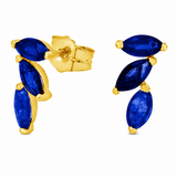 14K yellow gold stud earrings with three genuine marquise-cut blue sapphire gemstones in a curved cluster design on a white background.