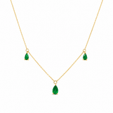 14K yellow gold necklace featuring three genuine pear-shaped emerald gemstones in delicate prong settings on a clean white background.