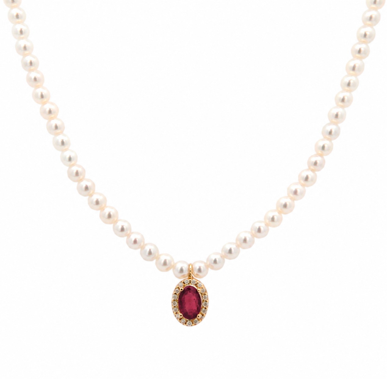 18K solid yellow gold pearl necklace with genuine oval ruby pendant surrounded by a diamond halo on a white background.
