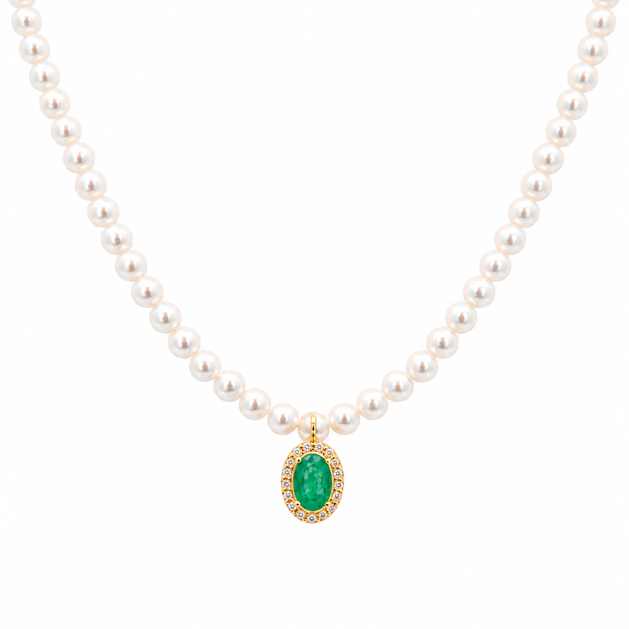 18K solid yellow gold pearl necklace with genuine oval emerald pendant surrounded by a diamond halo on a white background.