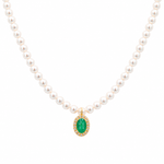 18K solid yellow gold pearl necklace with genuine oval emerald pendant surrounded by a diamond halo on a white background.