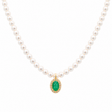 18K solid yellow gold pearl necklace with genuine oval emerald pendant surrounded by a diamond halo on a white background.